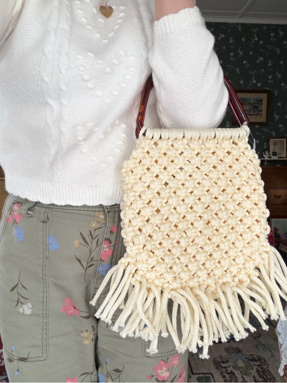 Handmade Cream Macramé Fringe Handbag with Tortoiseshell Handle